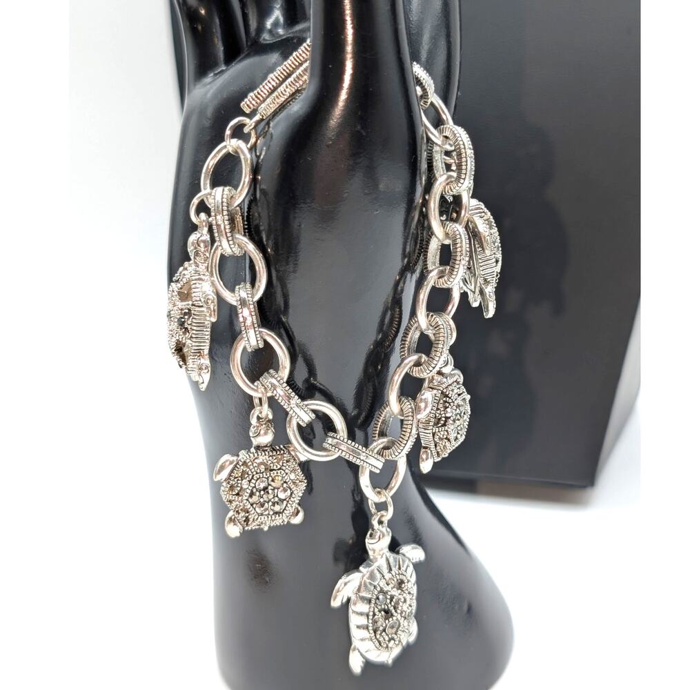 Chunky Silver Tone Marcasite Toggle Clasp Turtle Charm Bracelet